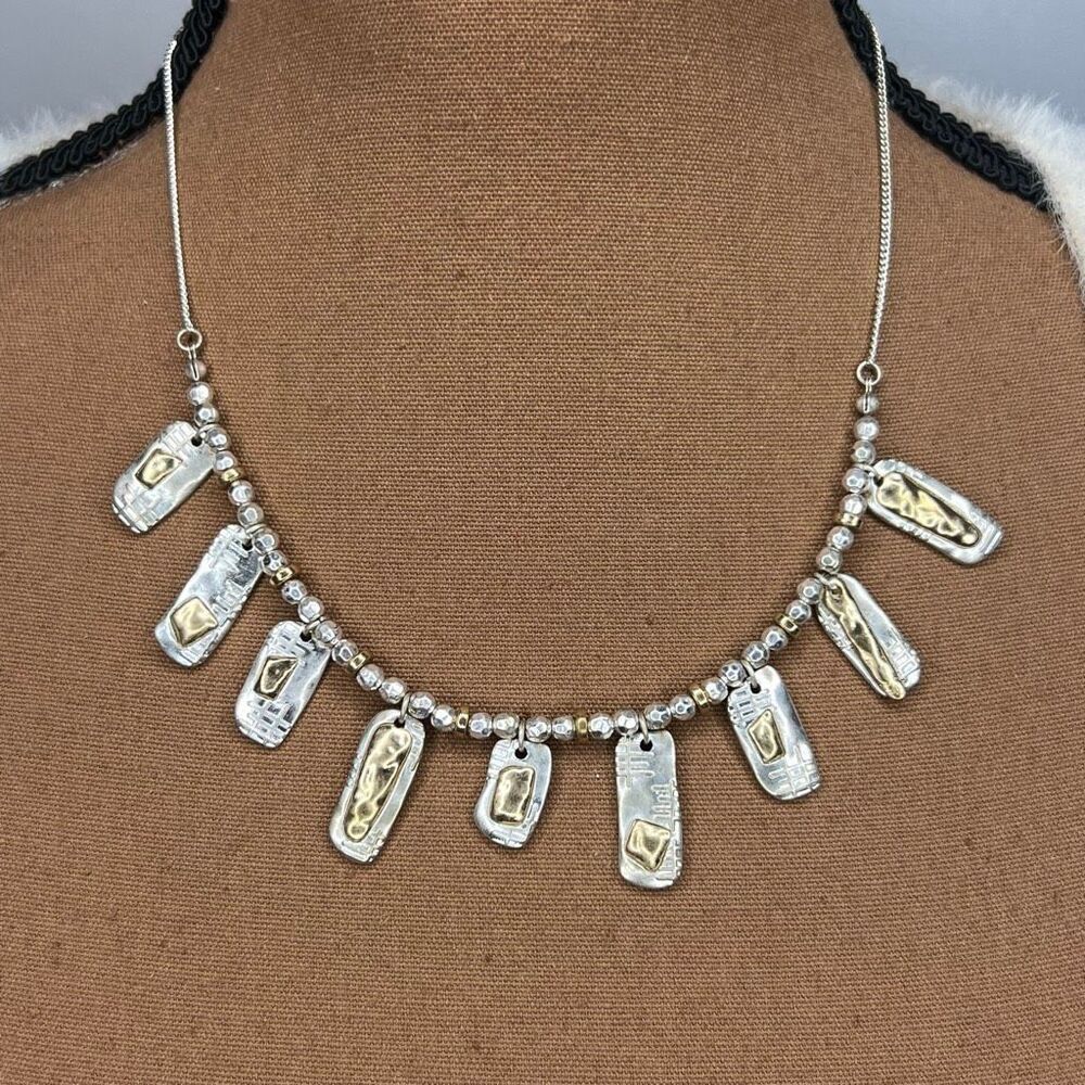 Vintage, Princess Length Boho Metal Plate Necklace, Silver & Gold, Clasp Closure